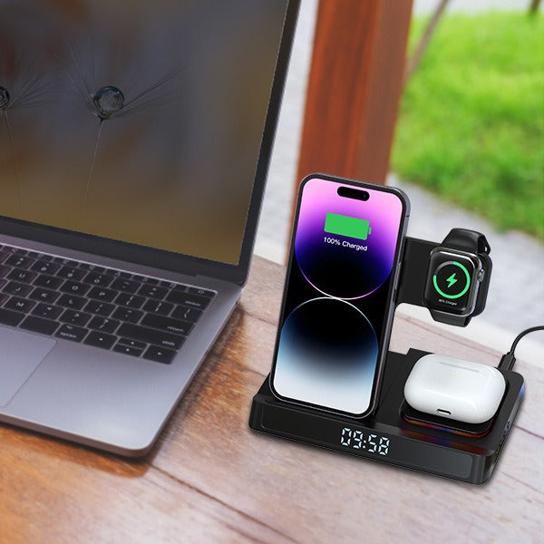 4-in-1 Folding Wireless Charging Station for Smartphone Smartwatch Earbuds and Desk Alarm Clock