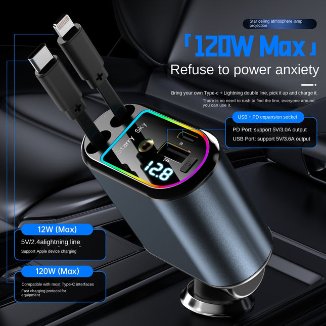 120W Retractable Car Charger with 4-in-1 Fast Charging Cable and Digital Display for All Devices