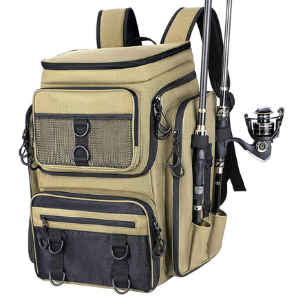 Durable Fishing Backpack with Integrated Rod Holder Tackle Organizer and Large Hiking Storage Bag