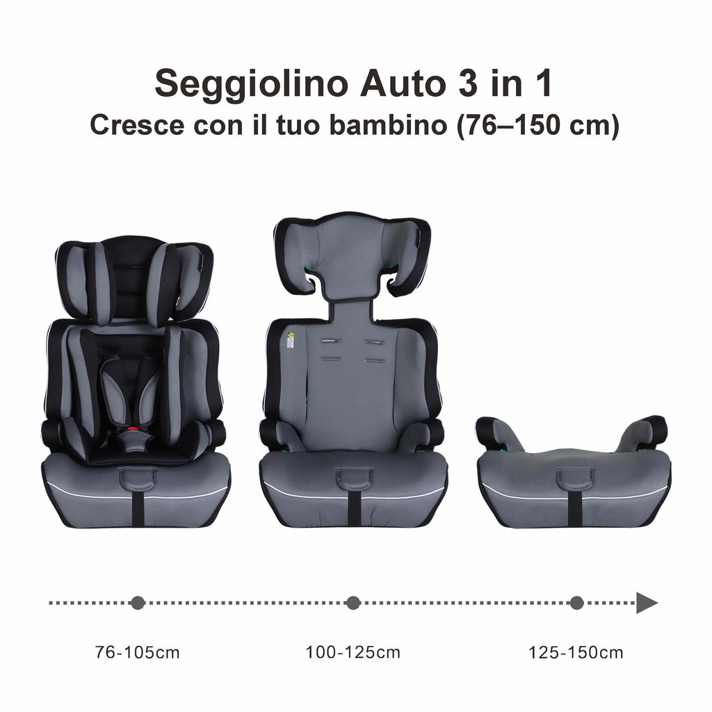 GiftedBaby HC01 Universal Car Seat 76–150 cm ECE R129 i-Size Booster Mode No ISOFIX Fits All Cars 3-in-1 Grows with Your Child Removable and Washable Cover Colors Black/Grey+Black
