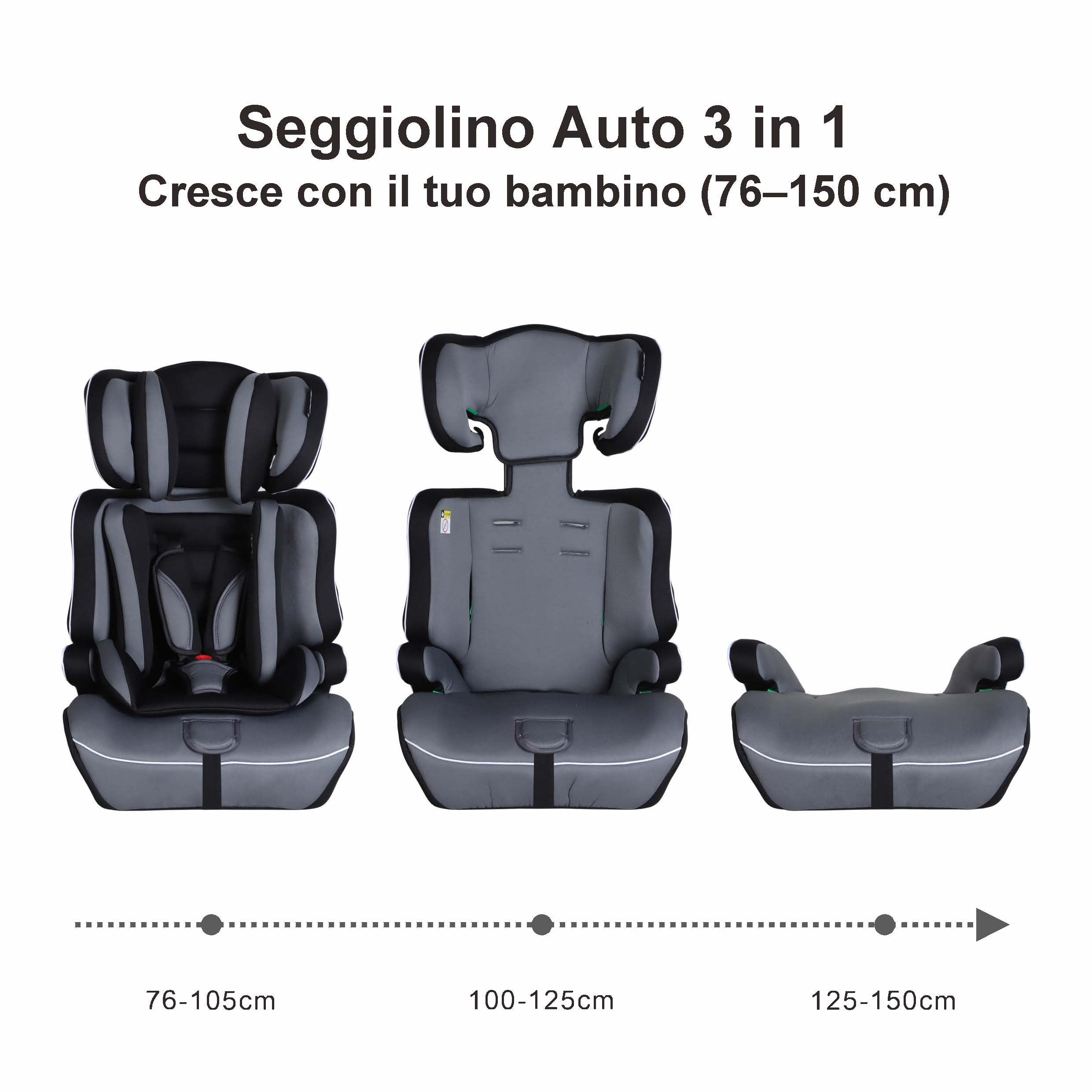 GiftedBaby HC01 Universal Car Seat 76–150 cm ECE R129 i-Size Booster Mode No ISOFIX Fits All Cars 3-in-1 Grows with Your Child Removable and Washable Cover Colors Black/Grey+Black