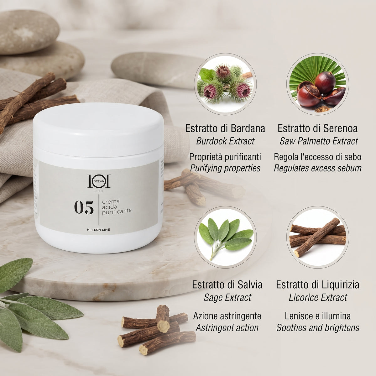 101 Cosmetica Purifying Acid Face Cream for Combination and Impure Skin Made in Italy – Hi-Tech Line 250 ml