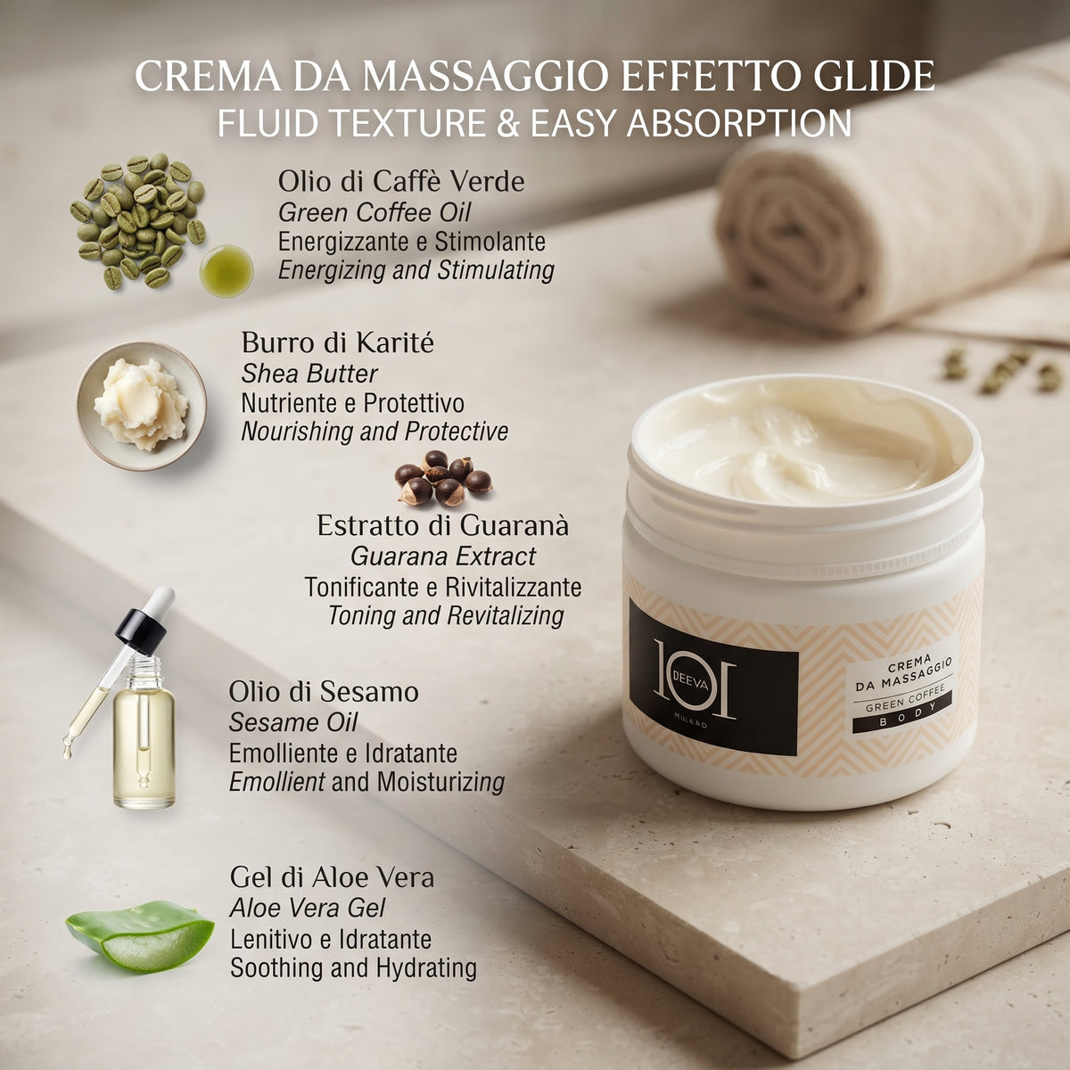 101 Cosmetica Green Coffee Body Massage Cream for Professional Treatments Made in Italy – Green Coffee Line 500 ml