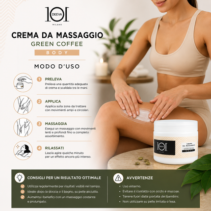 101 Cosmetica Green Coffee Body Massage Cream for Professional Treatments Made in Italy – Green Coffee Line 500 ml