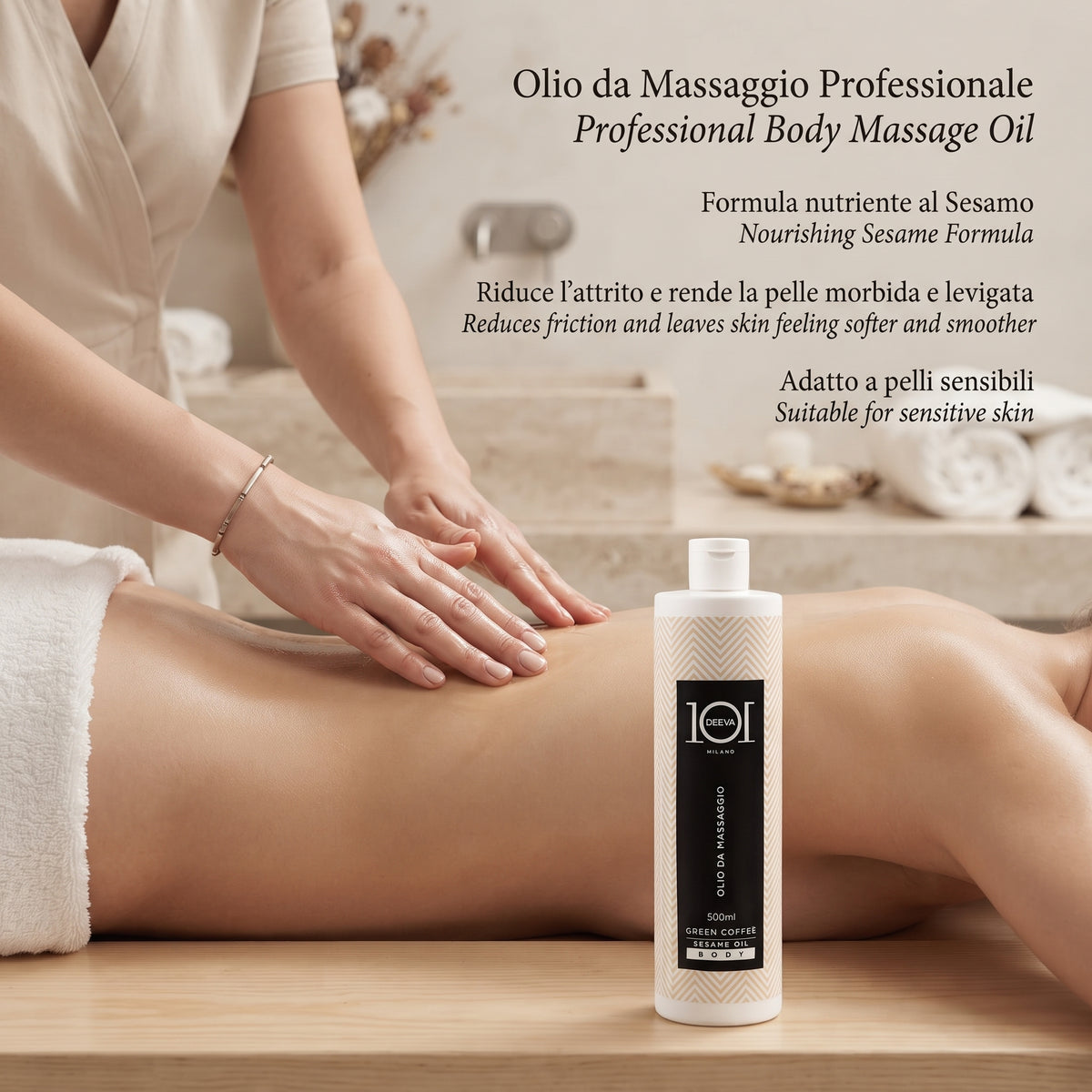 101 Cosmetica Sesame Body Massage Oil for Sensitive Skin Made in Italy – Green Coffee Line 500 ml