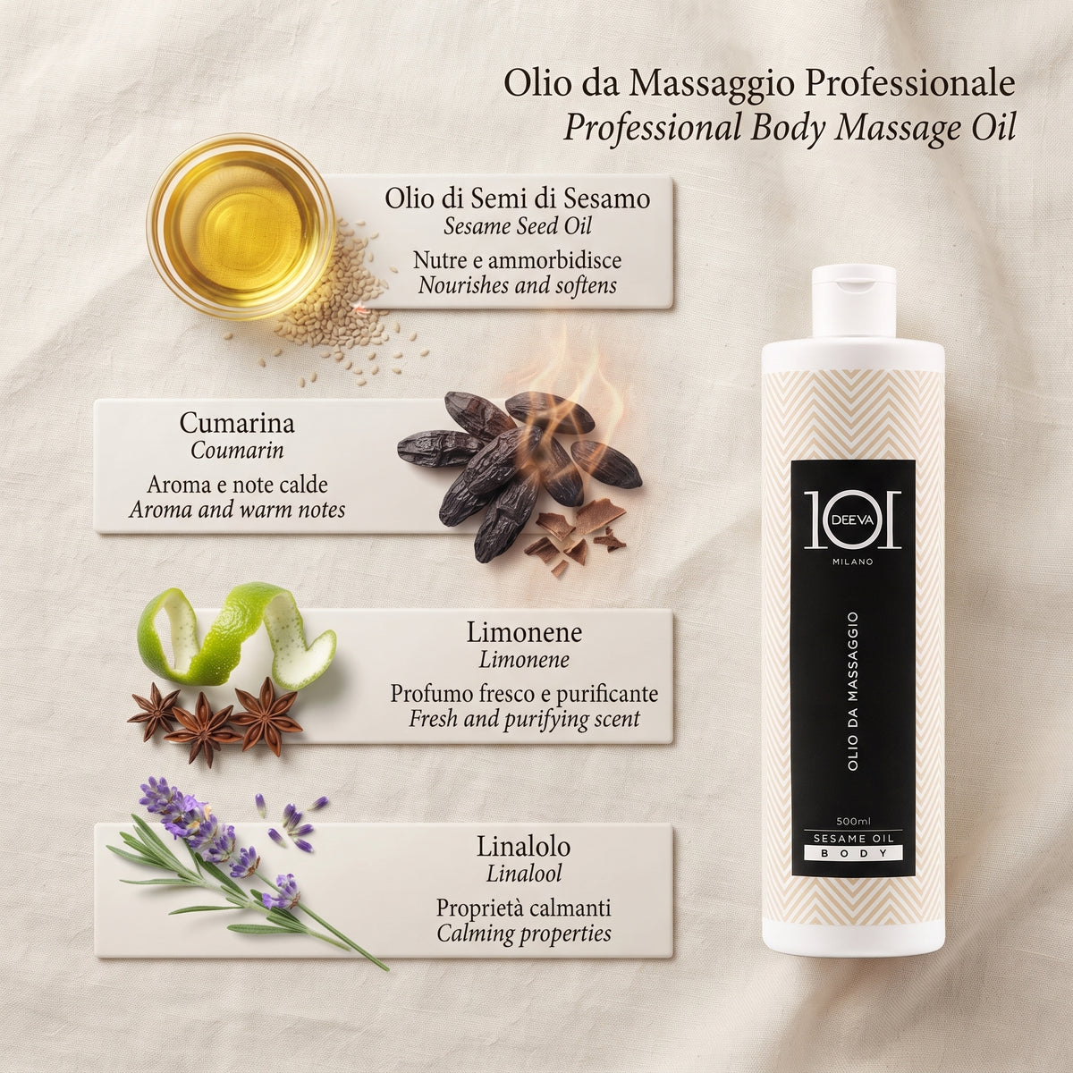 101 Cosmetica Sesame Body Massage Oil for Sensitive Skin Made in Italy – Green Coffee Line 500 ml