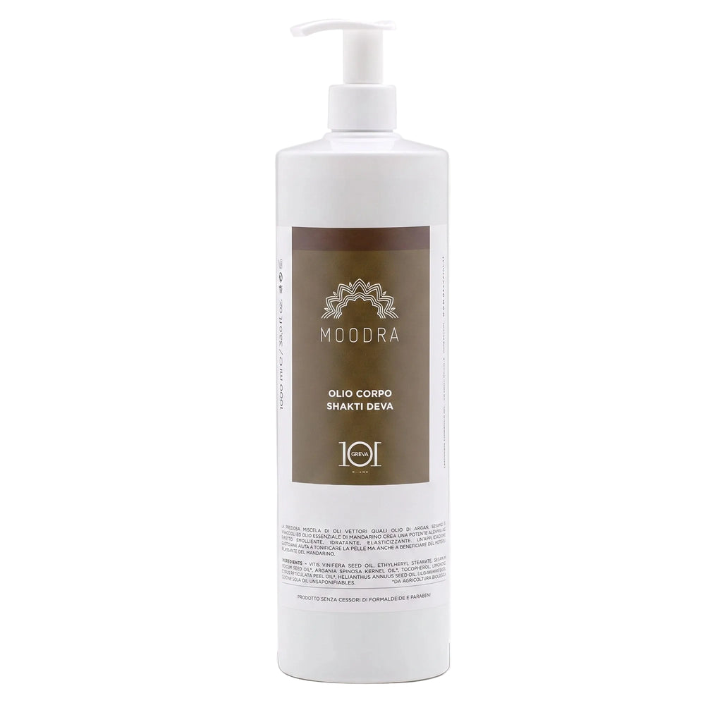 101 Cosmetica Moodra Shakti Deva Aktiv-Körperöl für eine elastischere und mit Feuchtigkeit versorgte Haut Made in Italy – Moodra-Linie 1000 ml