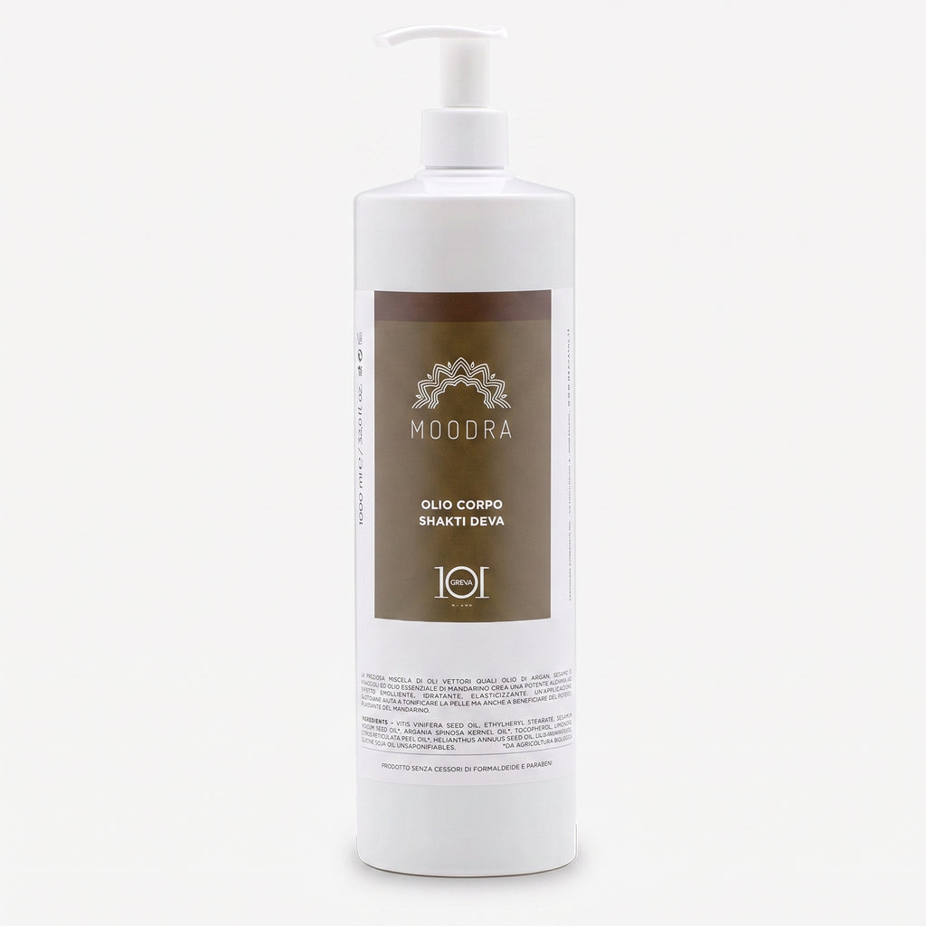 101 Cosmetica Moodra Shakti Deva Aktiv-Körperöl für eine elastischere und mit Feuchtigkeit versorgte Haut Made in Italy – Moodra-Linie 1000 ml