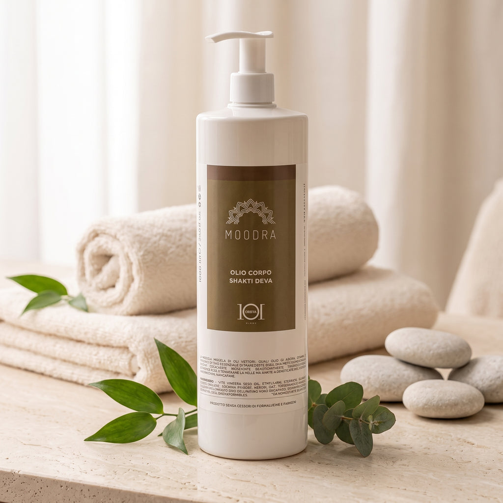 101 Cosmetica Moodra Shakti Deva Aktiv-Körperöl für eine elastischere und mit Feuchtigkeit versorgte Haut Made in Italy – Moodra-Linie 1000 ml
