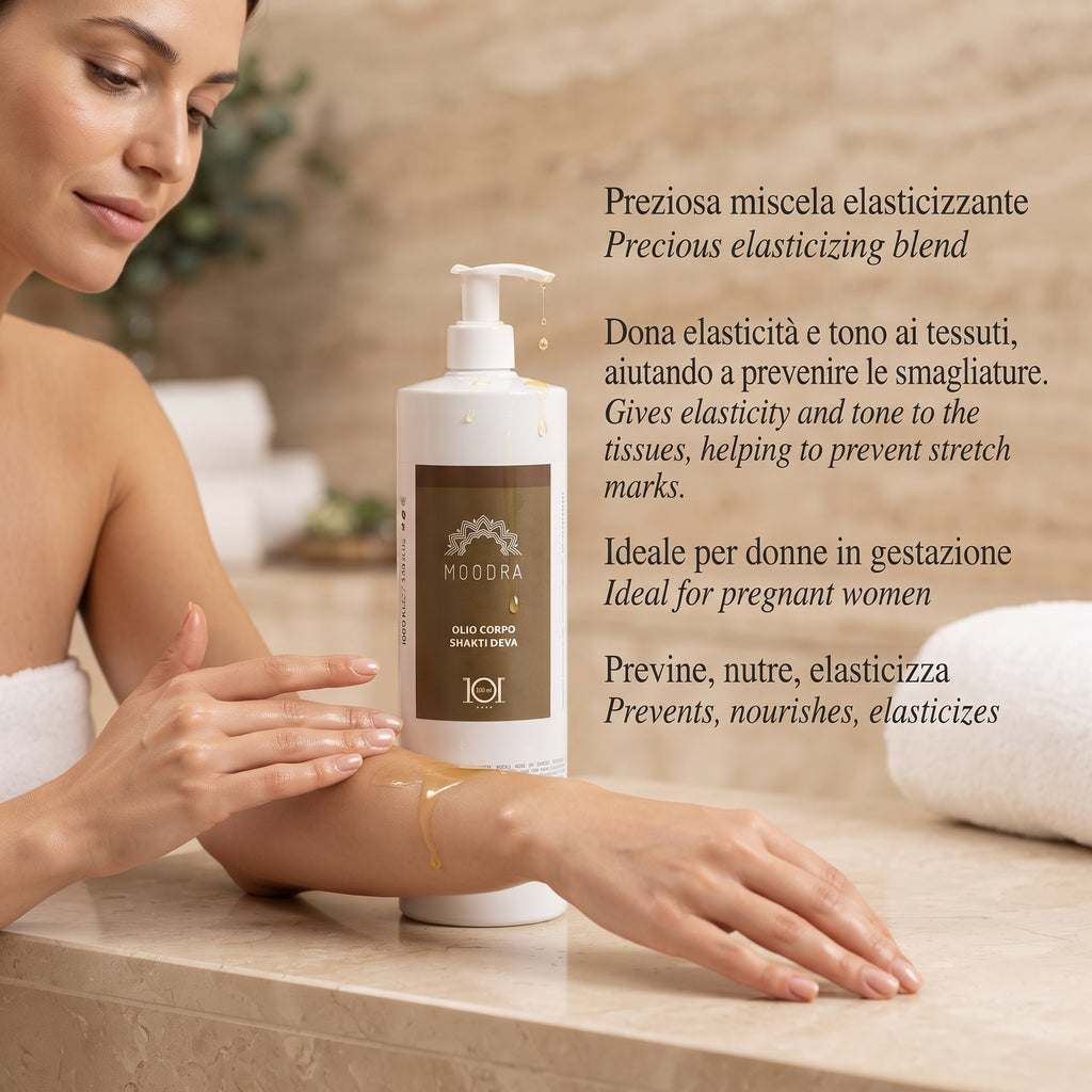 101 Cosmetica Moodra Shakti Deva Aktiv-Körperöl für eine elastischere und mit Feuchtigkeit versorgte Haut Made in Italy – Moodra-Linie 1000 ml