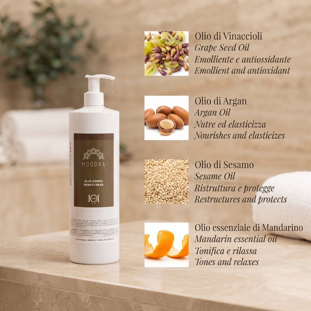 101 Cosmetica Moodra Shakti Deva Aktiv-Körperöl für eine elastischere und mit Feuchtigkeit versorgte Haut Made in Italy – Moodra-Linie 1000 ml