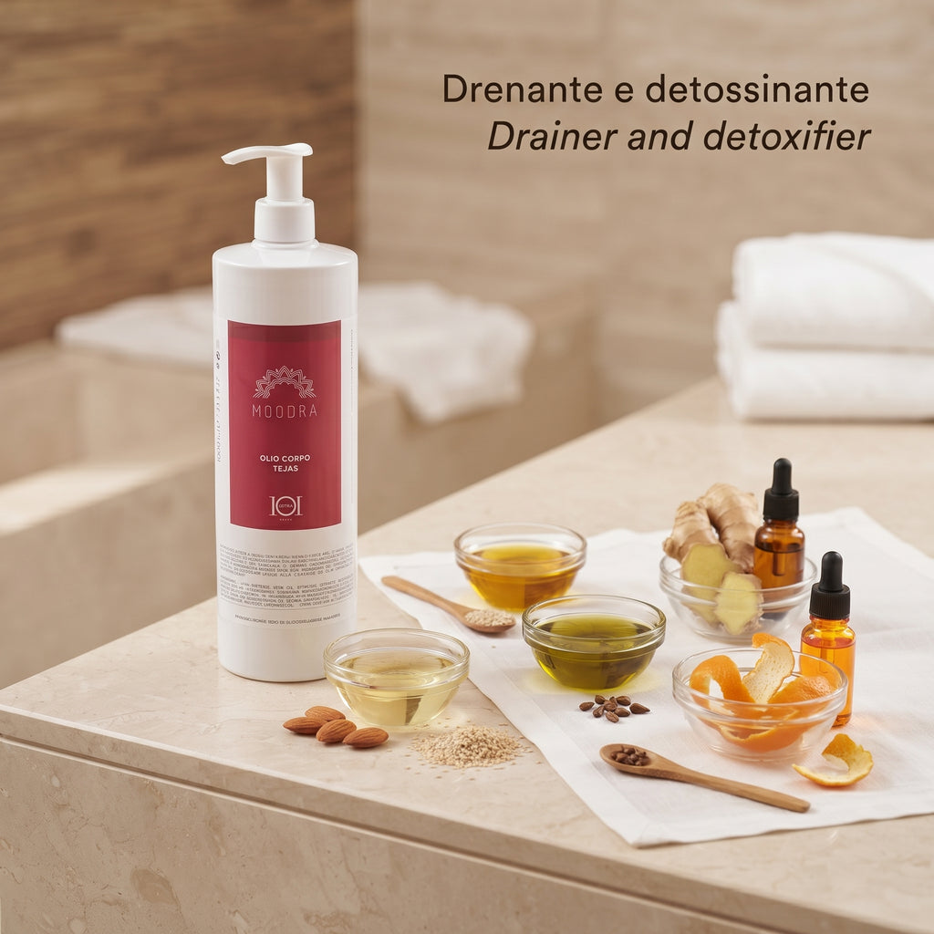 101 Cosmetica Moodra Olio corpo attivo Tejas per il trattamento massaggiante di cellulite e adiposità Made in Italy - Linea Moodra 1000 ml