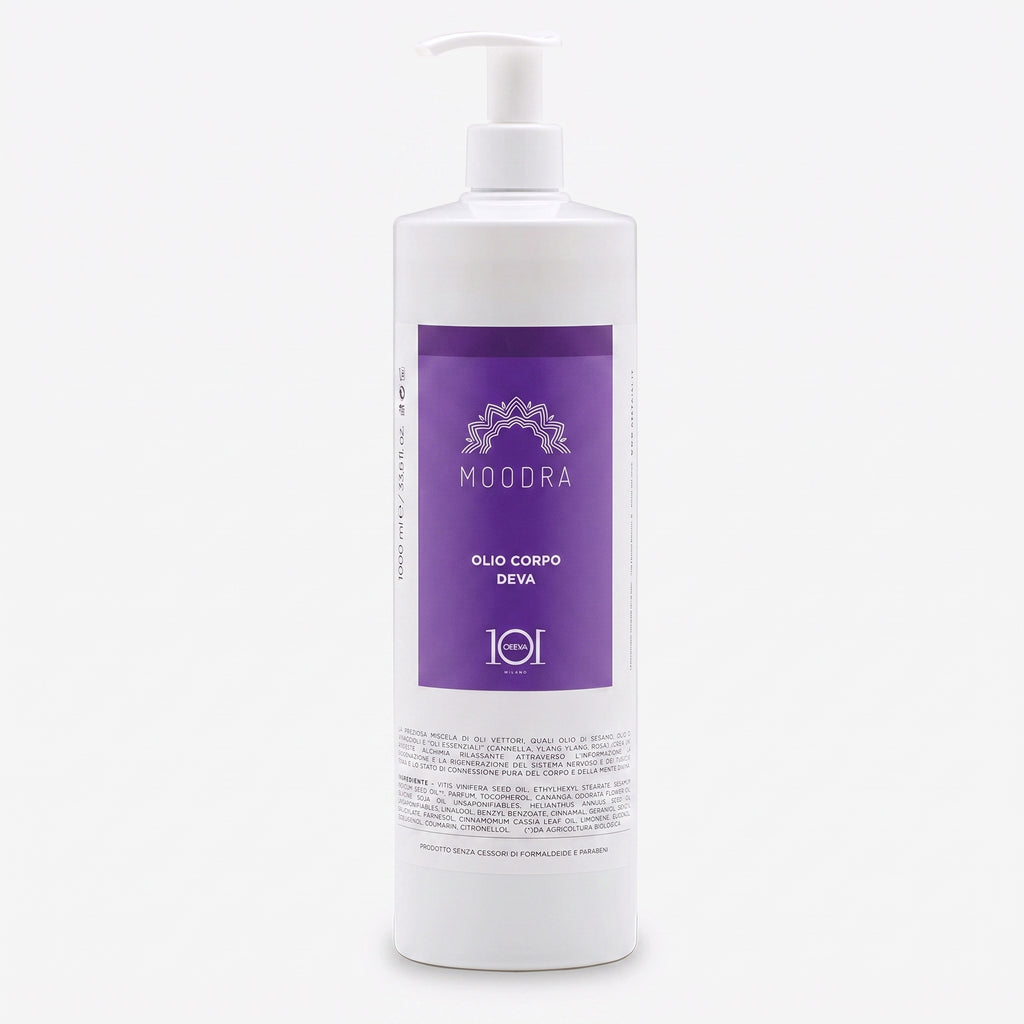 101 Cosmetica Moodra Olio corpo attivo Deva per un trattamento massaggiante rilassante e calmante Made in Italy - Linea Moodra 1000 ml