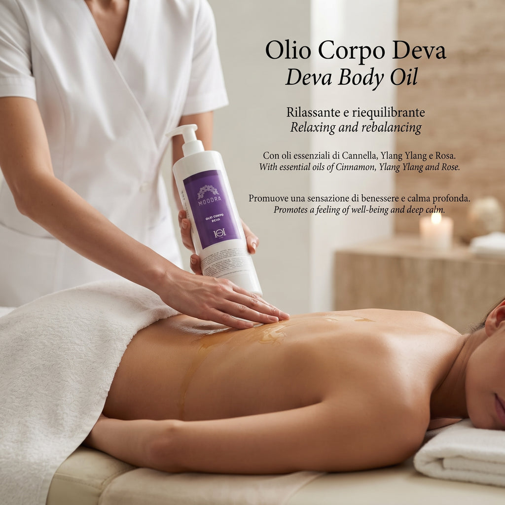 101 Cosmetica Moodra Olio corpo attivo Deva per un trattamento massaggiante rilassante e calmante Made in Italy - Linea Moodra 1000 ml