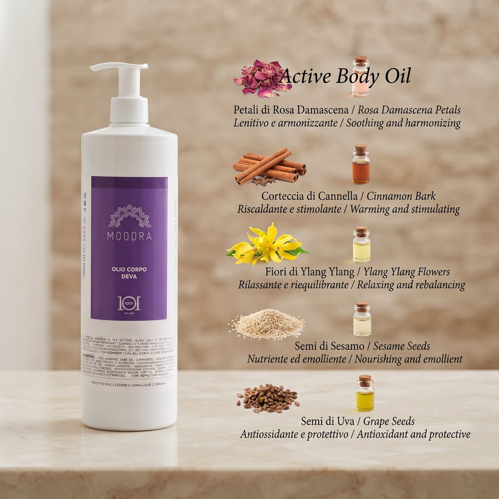 101 Cosmetica Moodra Olio corpo attivo Deva per un trattamento massaggiante rilassante e calmante Made in Italy - Linea Moodra 1000 ml