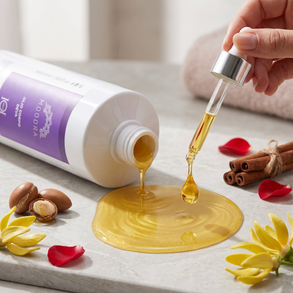 101 Cosmetica Moodra Olio corpo attivo Deva per un trattamento massaggiante rilassante e calmante Made in Italy - Linea Moodra 1000 ml