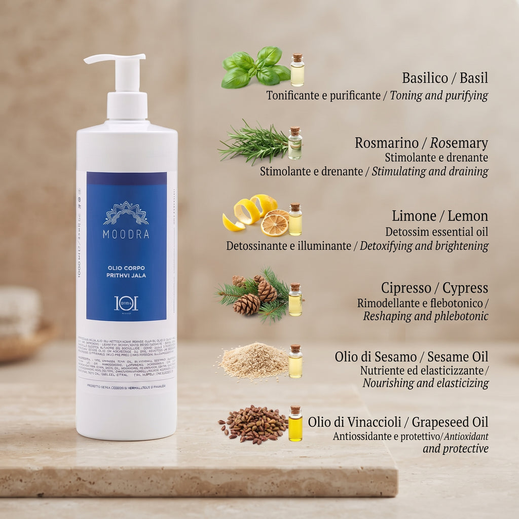 101 Cosmetica Moodra Prithvi Jala Active Body Oil Draining and Toning Massage Treatment Made in Italy - Moodra Line 1000 ml