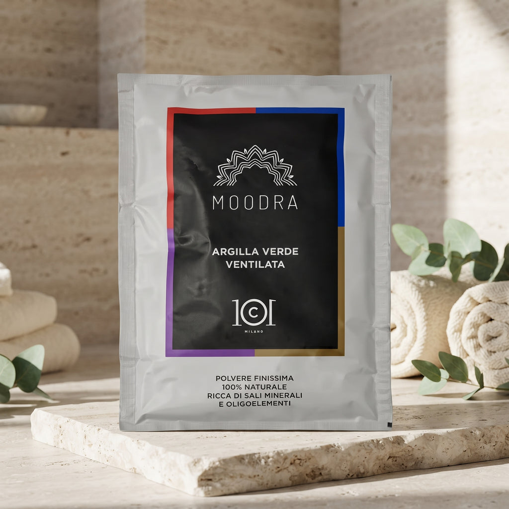 101 Cosmetica Moodra Belüftete grüne Tonerde, entwässernde und tonisierende Körperbehandlung Made in Italy – Moodra-Linie 150 g