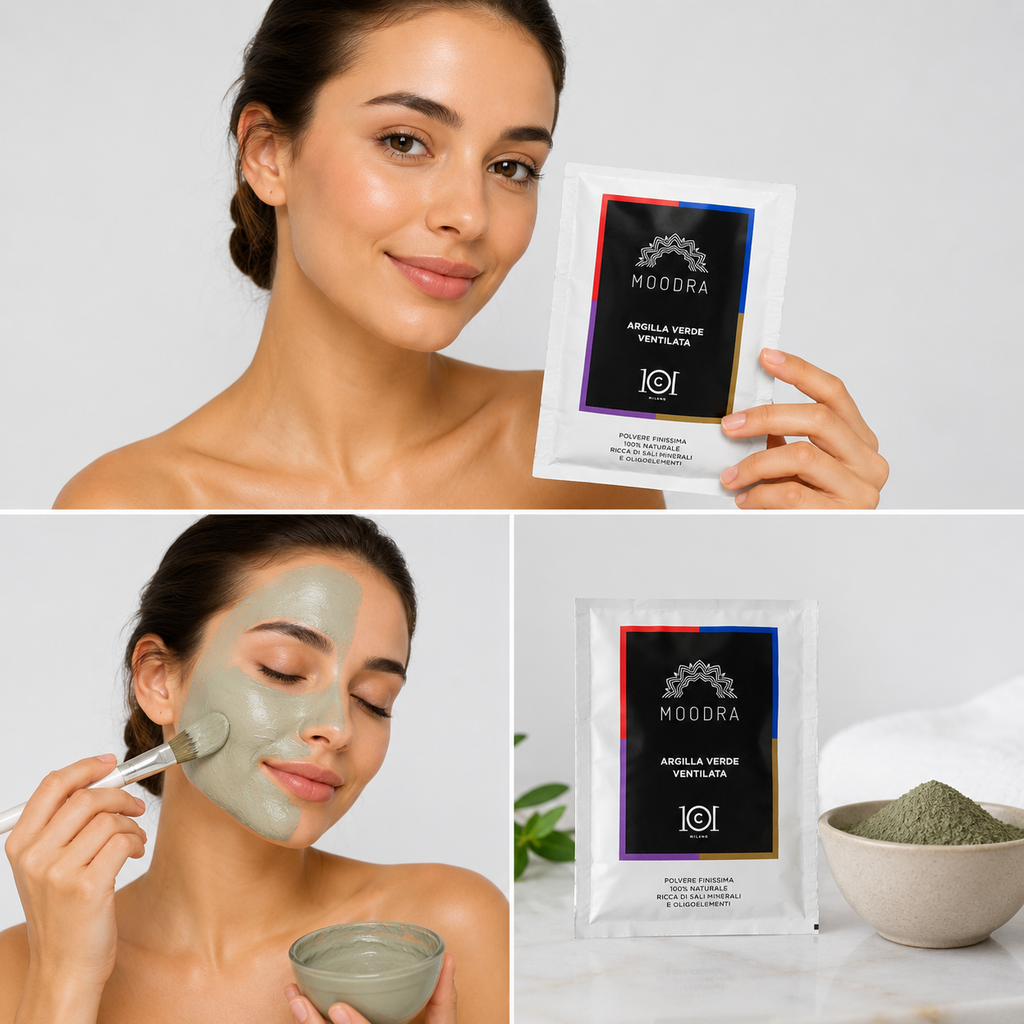 101 Cosmetica Moodra Belüftete grüne Tonerde, entwässernde und tonisierende Körperbehandlung Made in Italy – Moodra-Linie 150 g