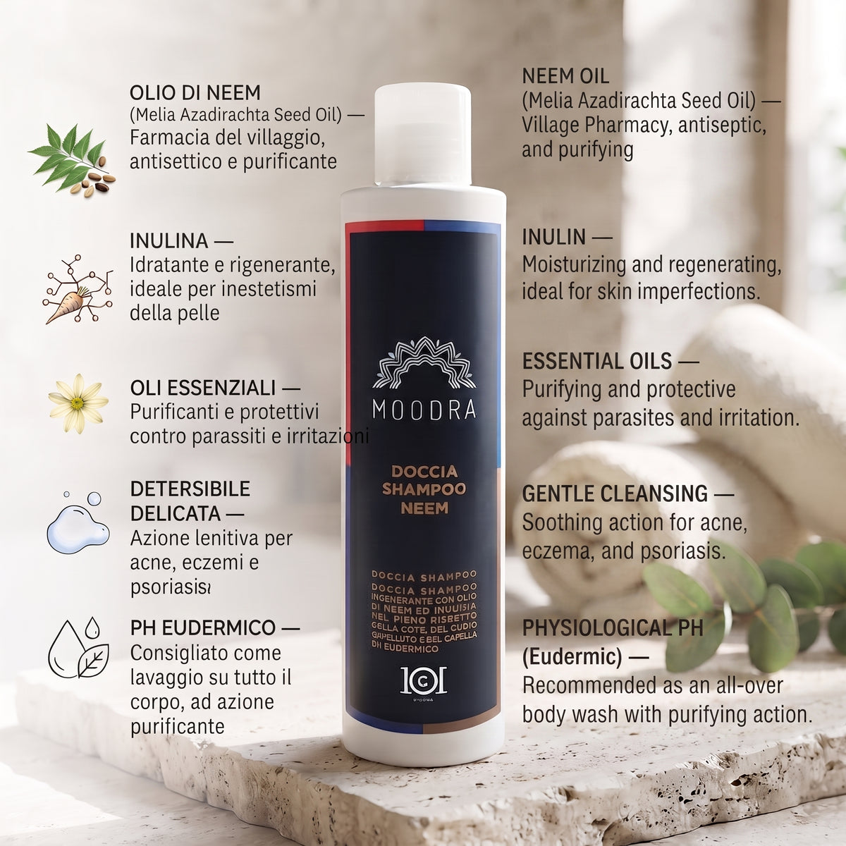 101 Cosmetica Moodra Neem Shower Shampoo for Body and Hair Made in Italy - Moodra Line 250 ml