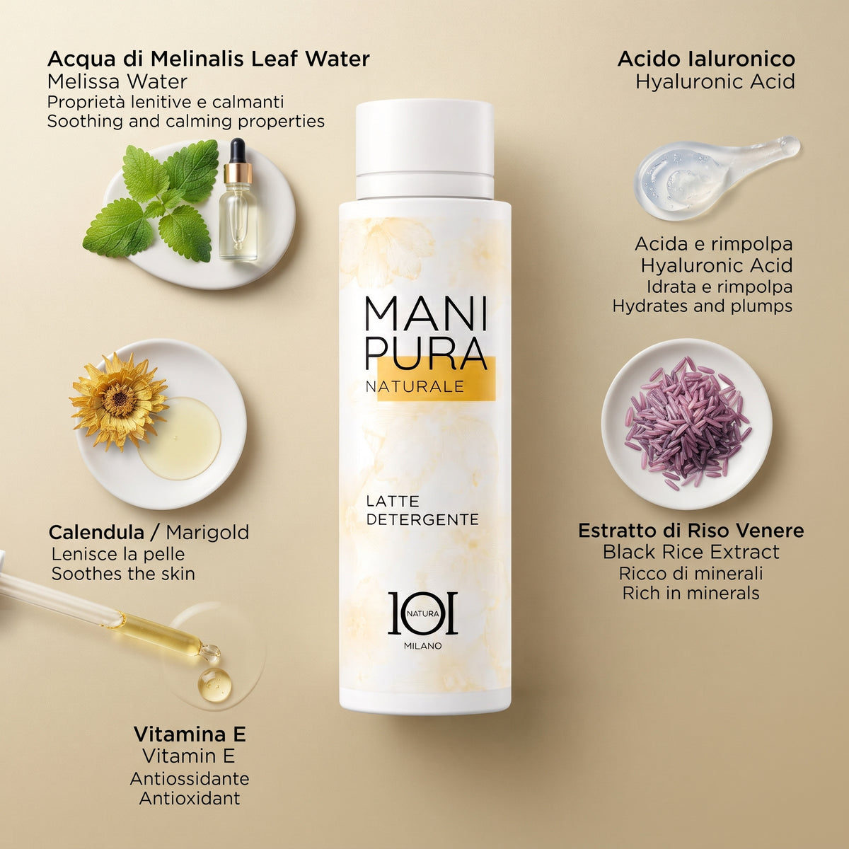 101 Cosmetica Manipura Natural Cleansing Milk Makeup Remover for All Skin Types Made in Italy - Manipura Line 150 ml