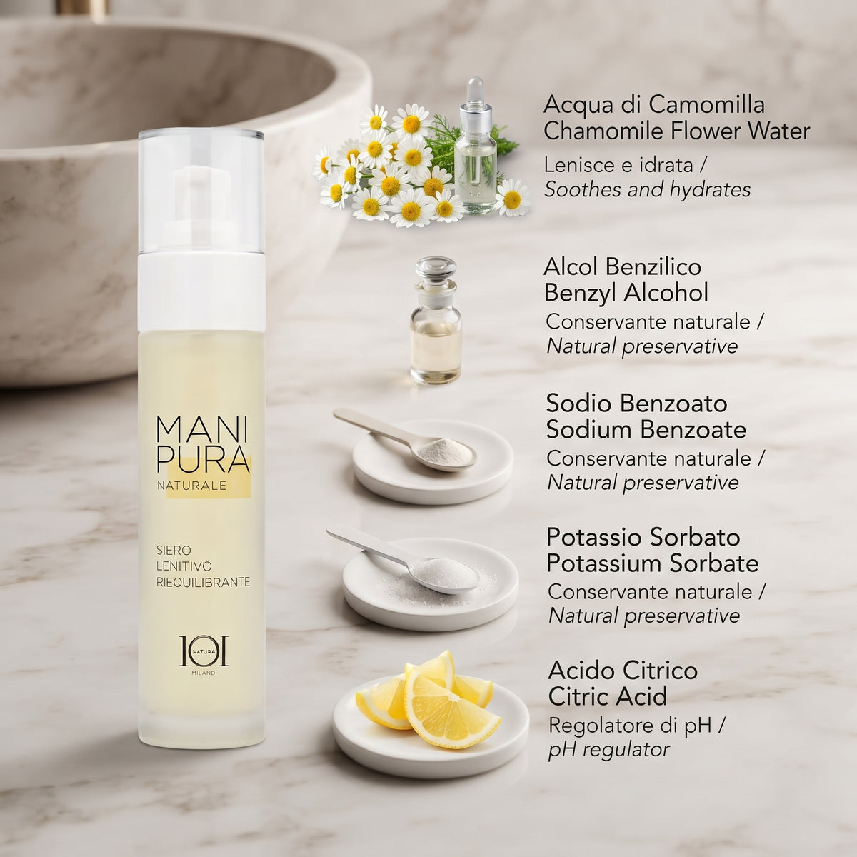 101 Cosmetica Manipura Soothing and Balancing Face Serum with Chamomile Made in Italy - Manipura Line 50 ml