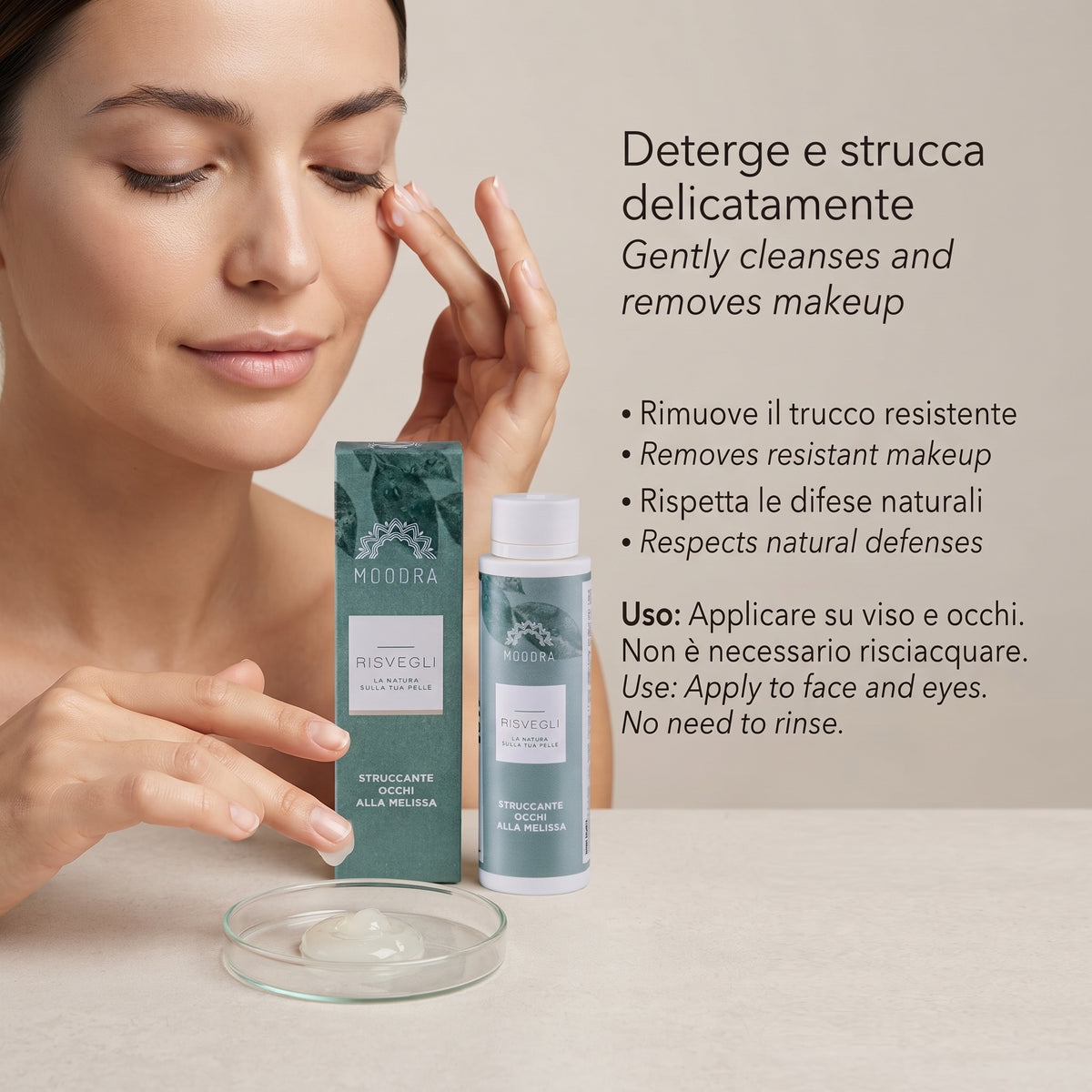 101 Cosmetica Lemon Balm Eye Makeup Remover for Eye and Face Cleansing Made in Italy Moodra Risvegli Line 150 ml