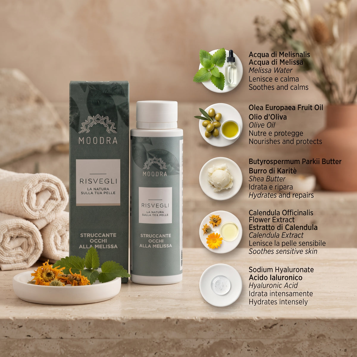 101 Cosmetica Lemon Balm Eye Makeup Remover for Eye and Face Cleansing Made in Italy Moodra Risvegli Line 150 ml