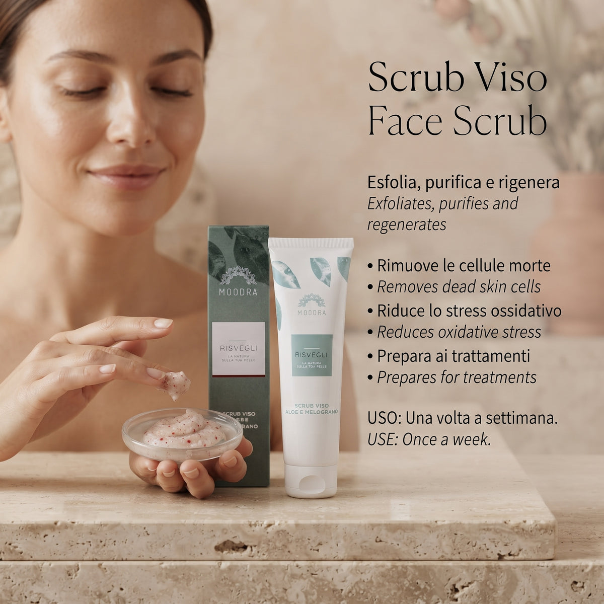 101 Cosmetica Aloe and Pomegranate Exfoliating Face Scrub Made in Italy Moodra Risvegli Line 150 ml