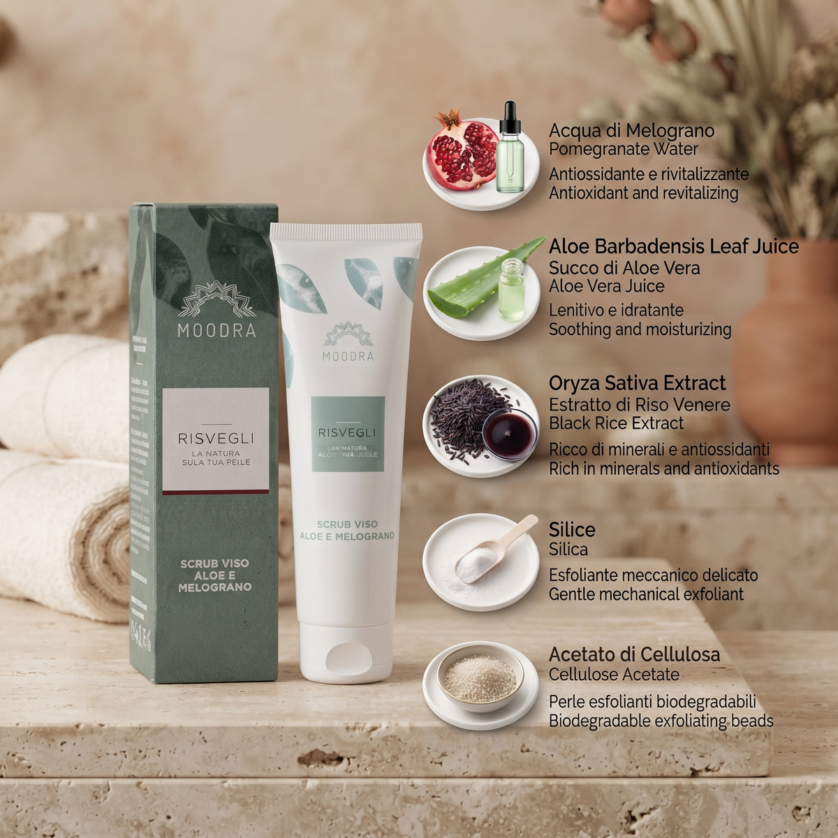 101 Cosmetica Aloe and Pomegranate Exfoliating Face Scrub Made in Italy Moodra Risvegli Line 150 ml