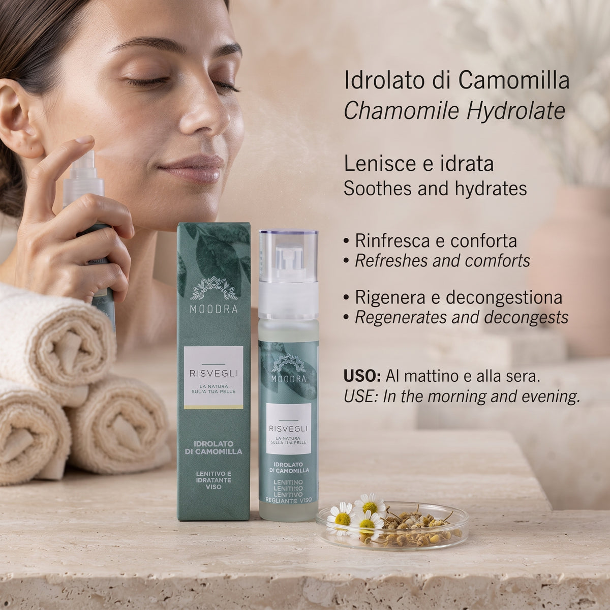 101 Cosmetica Chamomile Hydrolate Soothing Hydrating Face Care Made in Italy Moodra Risvegli Line 50 ml