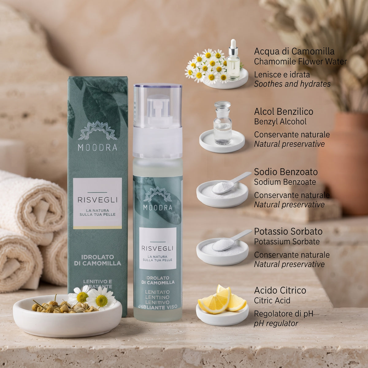 101 Cosmetica Chamomile Hydrolate Soothing Hydrating Face Care Made in Italy Moodra Risvegli Line 50 ml