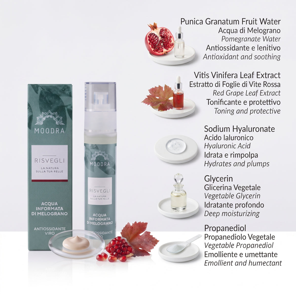 101 Cosmetica Pomegranate Antioxidant Face Mist Made in Italy Moodra Risvegli Line 50 ml