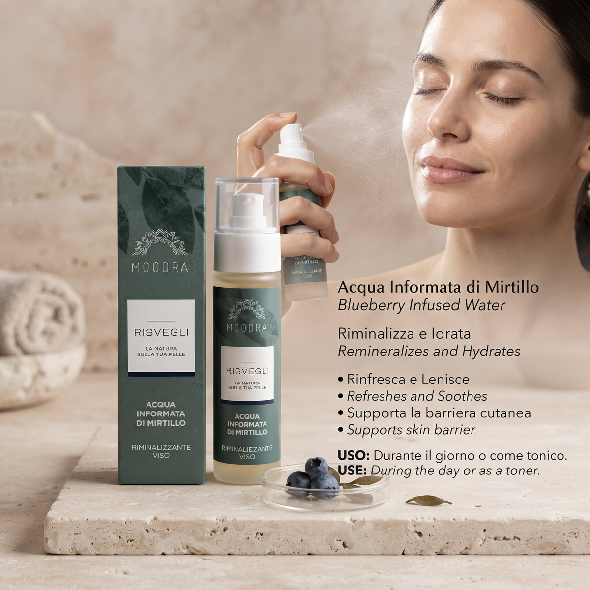 101 Cosmetica Blueberry Remineralizing Face Mist Made in Italy Moodra Risvegli Line 50 ml