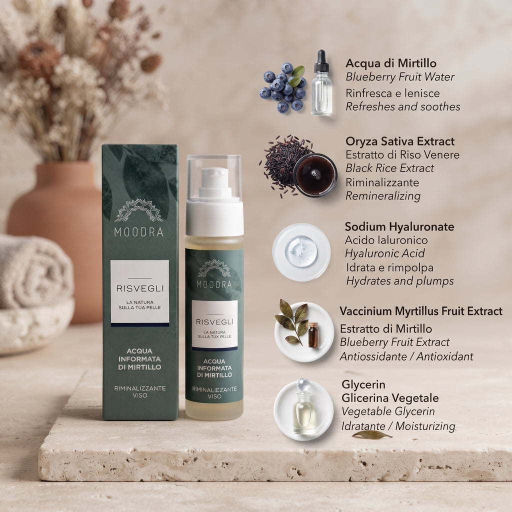 101 Cosmetica Blueberry Remineralizing Face Mist Made in Italy Moodra Risvegli Line 50 ml