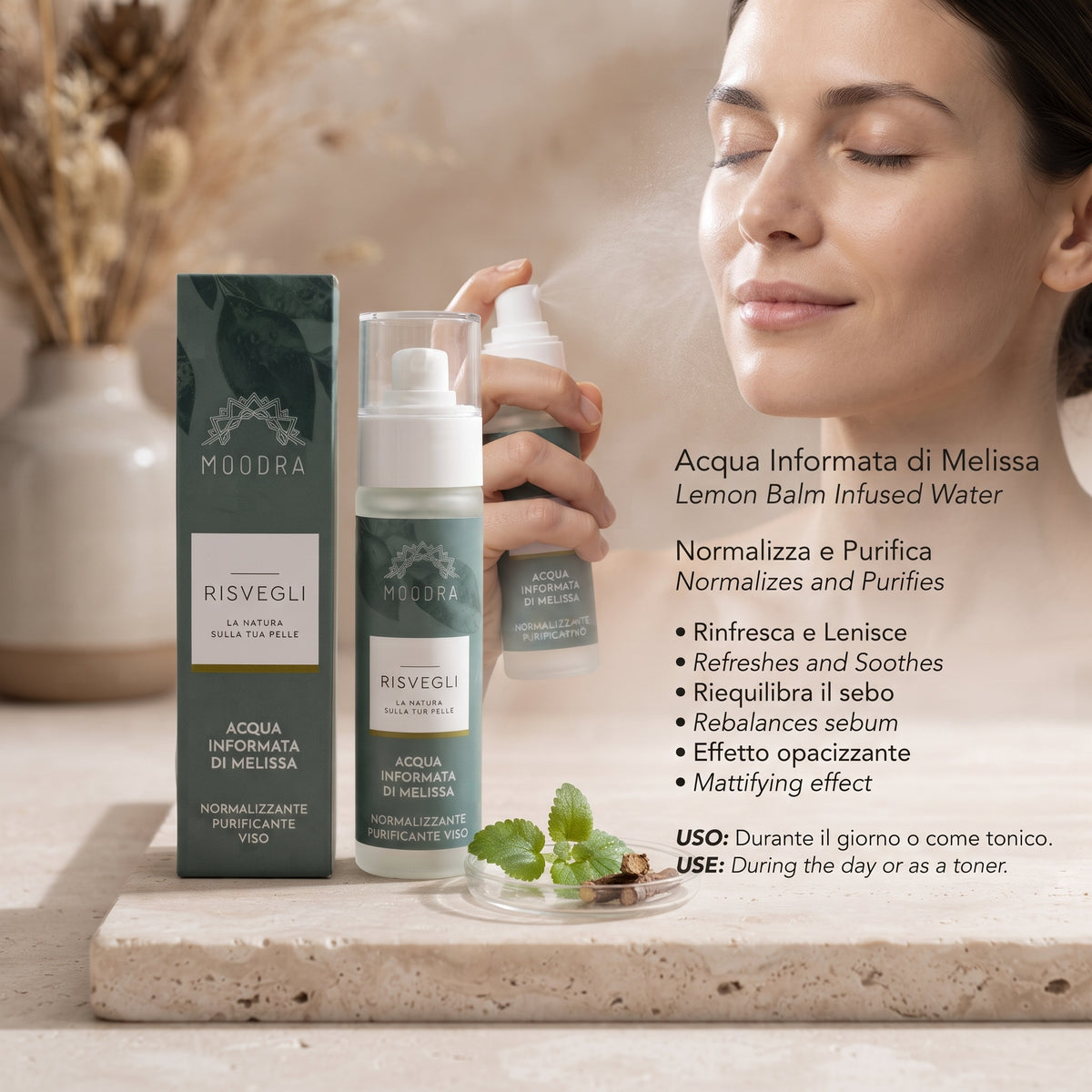 101 Cosmetica Lemon Balm Normalizing Purifying Face Mist Made in Italy Moodra Risvegli Line 50 ml