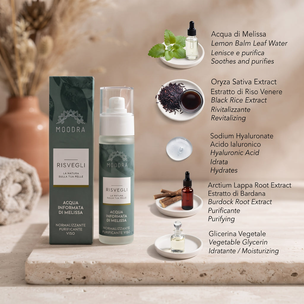 101 Cosmetica Lemon Balm Normalizing Purifying Face Mist Made in Italy Moodra Risvegli Line 50 ml