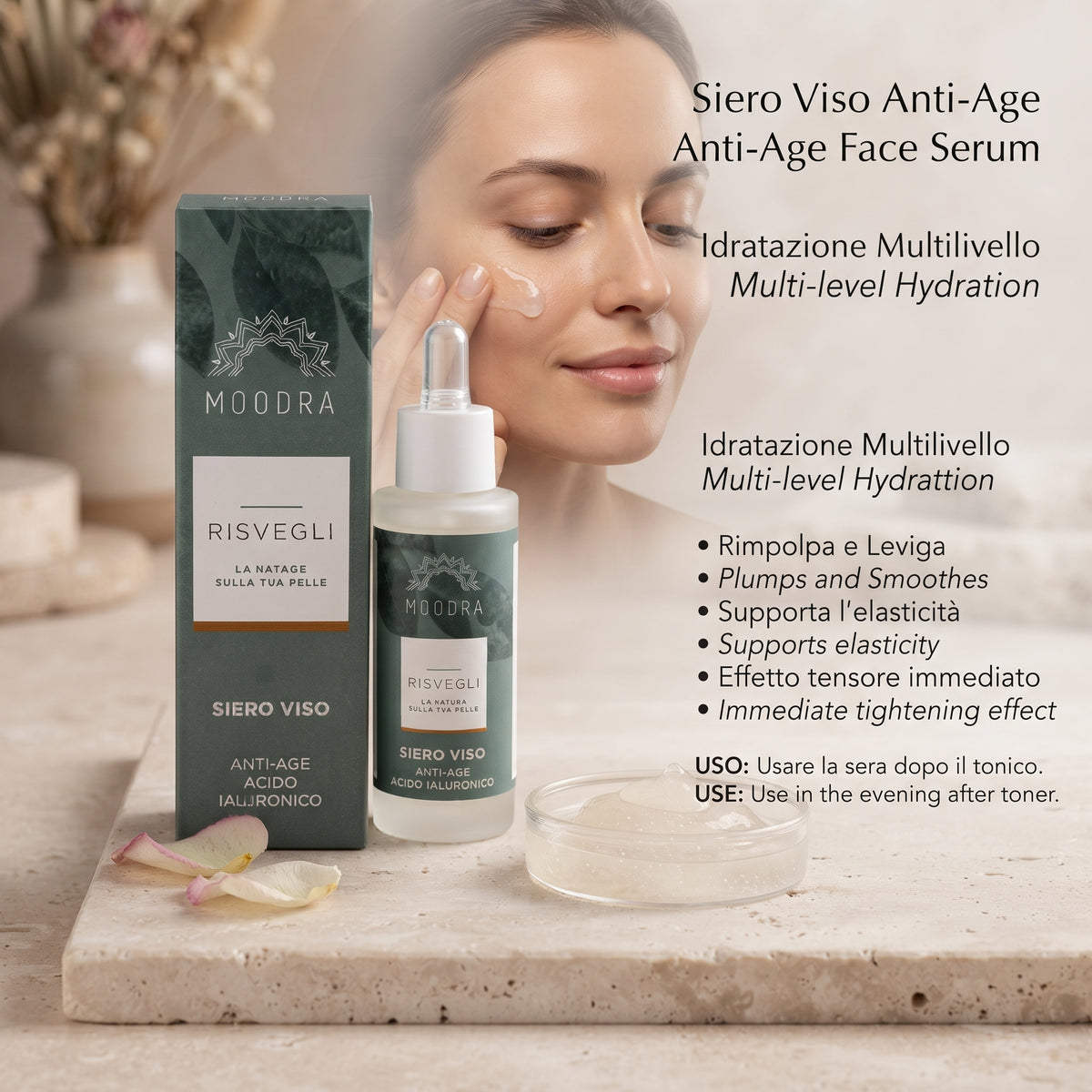 101 Cosmetica Hyaluronic Acid Anti-Age Face Serum Made in Italy Moodra Risvegli Line 30 ml