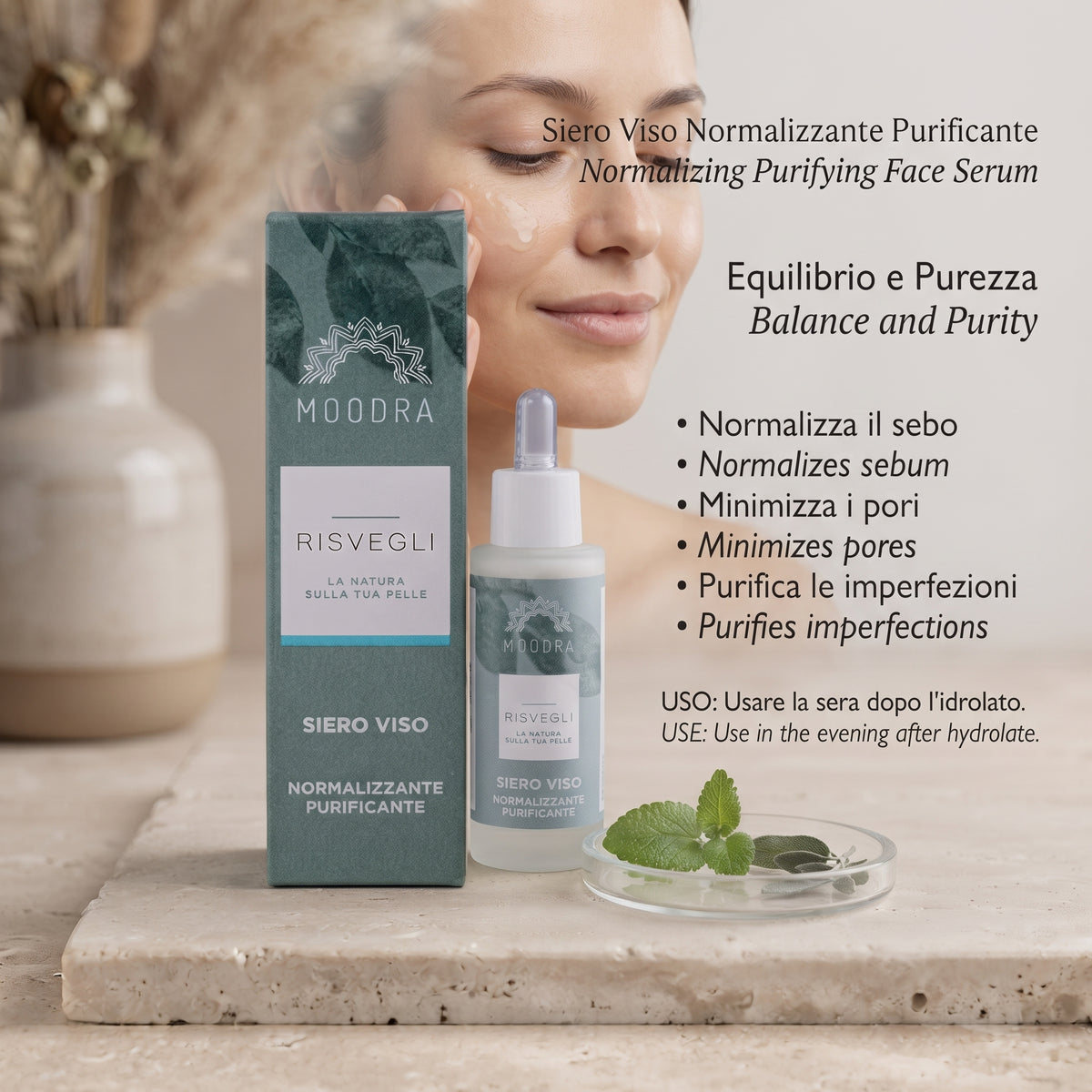 101 Cosmetica Normalizing Purifying Face Serum with Azelaic Acid Made in Italy Moodra Risvegli Line 30 ml