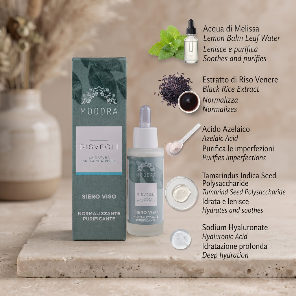 101 Cosmetica Normalizing Purifying Face Serum with Azelaic Acid Made in Italy Moodra Risvegli Line 30 ml