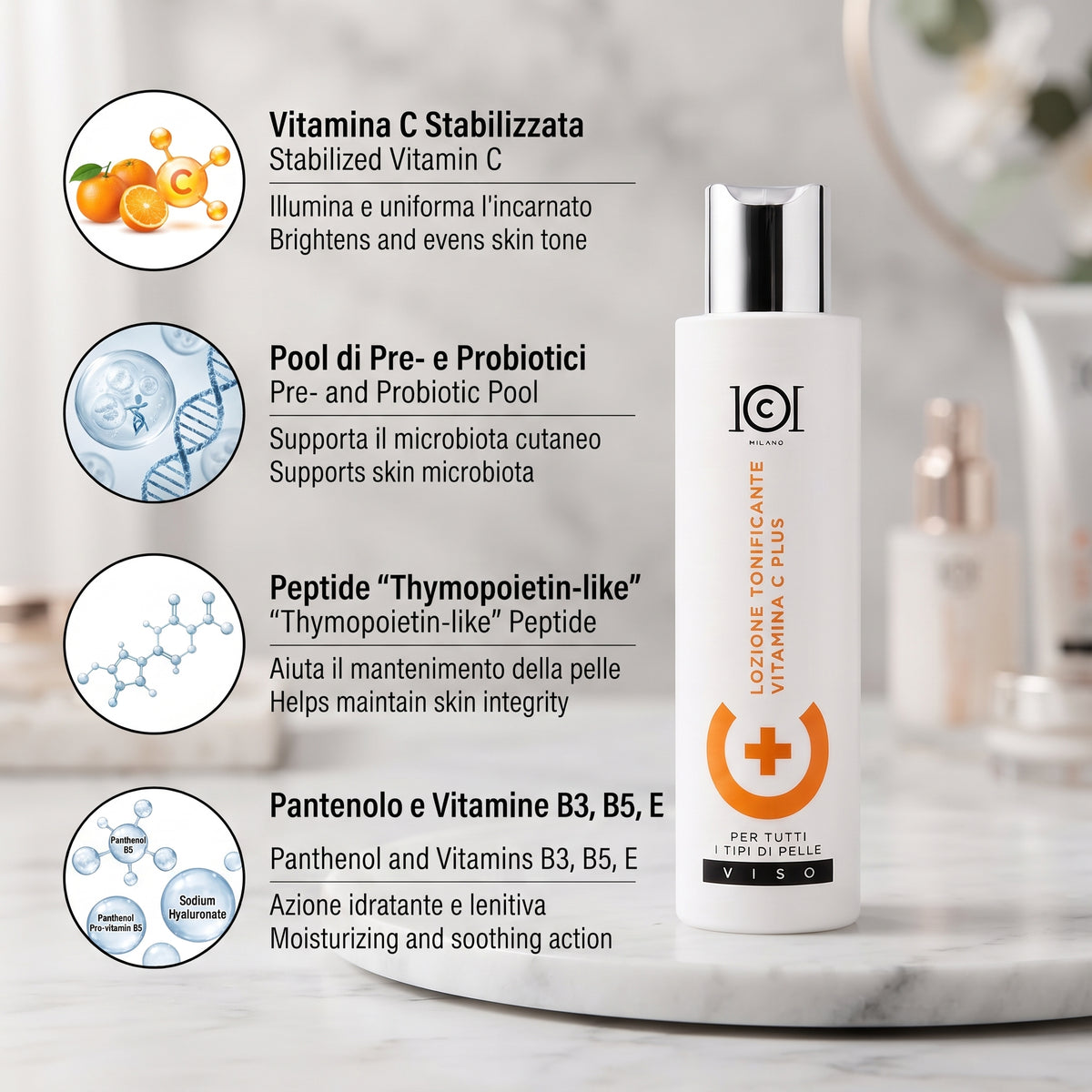 101 Cosmetica Vitamin C Plus Toning Face Lotion with Microencapsulated Vitamin C Made in Italy 150 ml