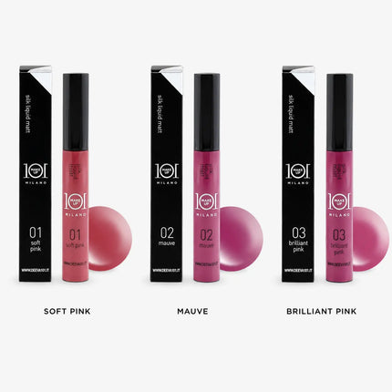 101 MakeUp Silk Liquid Matt 8ml Rosa Suave, Malva, Rosa Brillante – Made in Italy