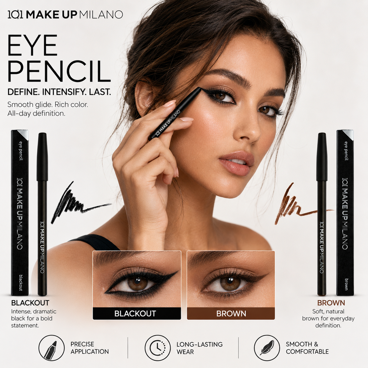 101 Cosmetica 101MakeUp Eye Pencil for Defined Long Lasting Eye Makeup Made in Italy Blackout or Brown 1 Piece