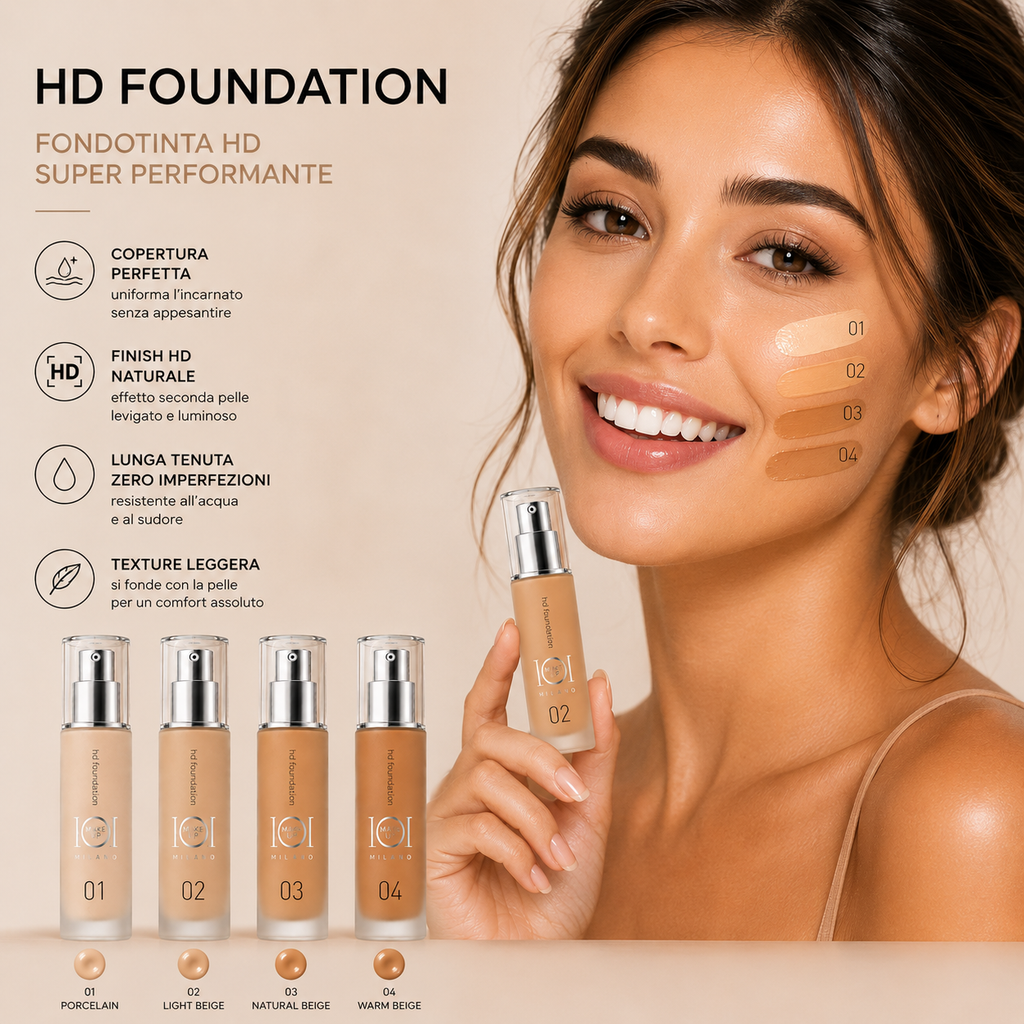 101 Cosmetica 101MakeUp HD Foundation Hydrating Illuminating with Cherry Extract and Vitamin C Made in Italy 4 Shades 30 ml