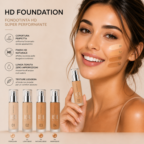 101 Cosmetica 101MakeUp HD Foundation Hydrating Illuminating with Cherry Extract and Vitamin C Made in Italy 4 Shades 30 ml
