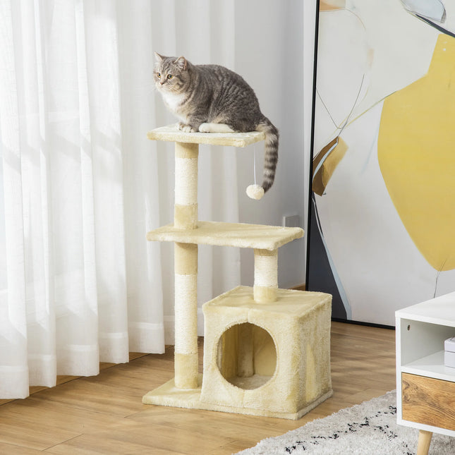 Three-Tier Cat Scratching Post with Sisal Rope, Climbing Tower and Plush Bed, Beige, 81.5 cm Height