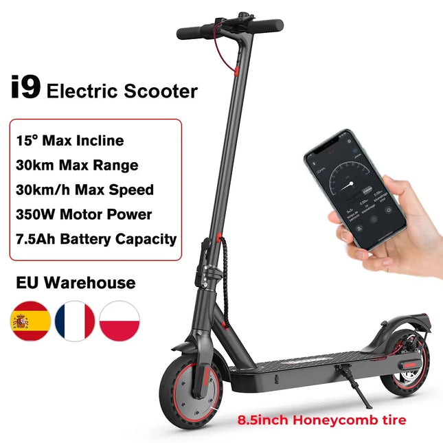 Scooter eléctrico de 350W para adultos, velocidad máxima de 30 km/h, neumáticos de panal de abeja de 8.5 pulgadas, diseño plegable para desplazamientos