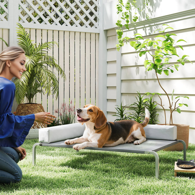 Elevated Outdoor Dog Bed with Pillow for Medium Dogs, Breathable Nylon Raised Lounger, Light Grey