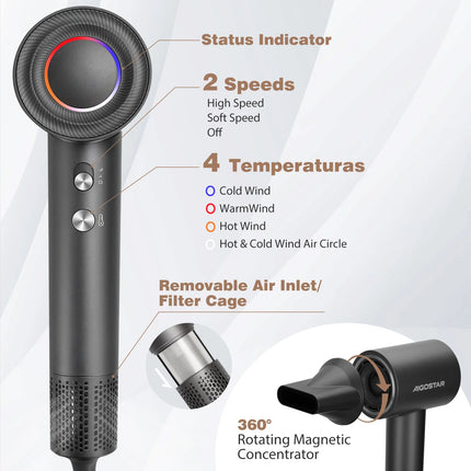 Secador de pelo iónico profesional Aigostar con difusor, motor sin escobillas de 110,000 RPM para secado rápido