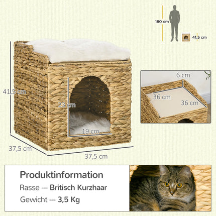 2-stöckiges Rattan-Katzenhaus Katzenhöhle mit weichem Kissen, geflochtenes Korb-Katzenbett für drinnen